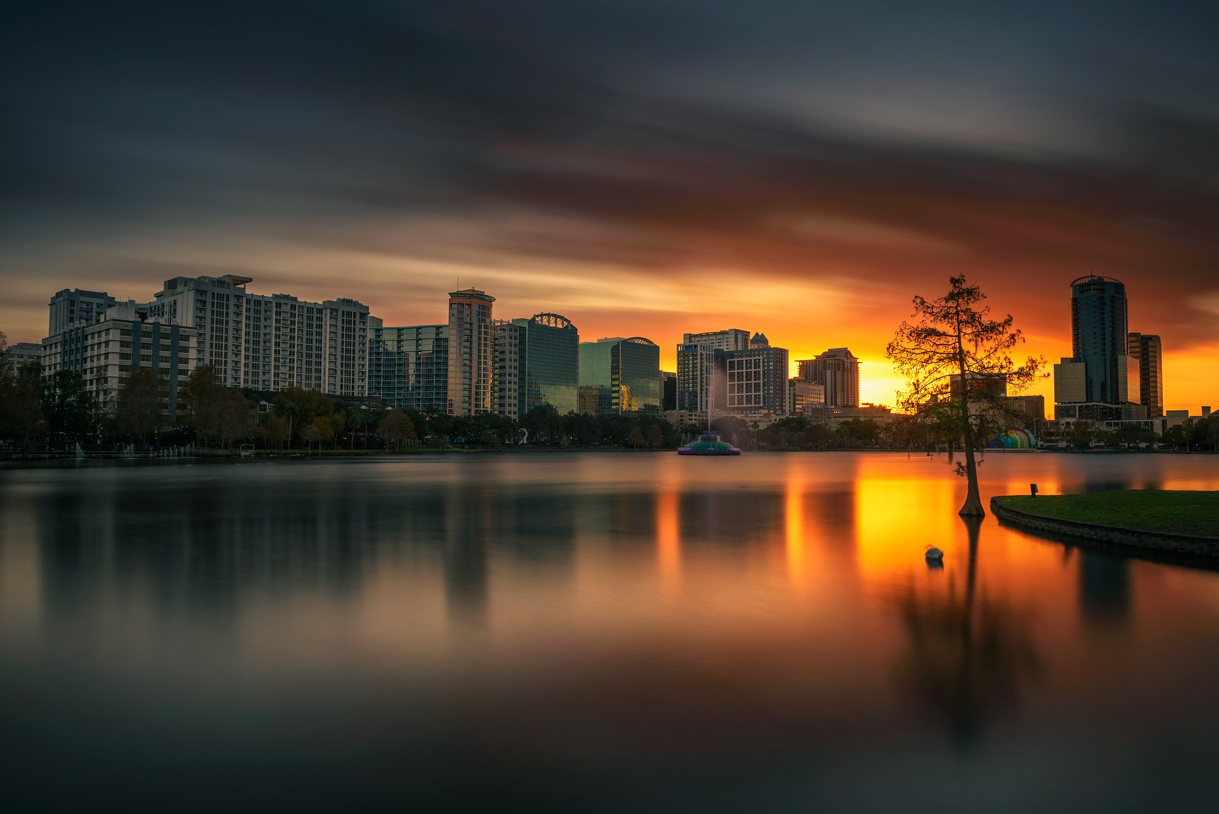 Colorful Sunset above Lake Eola and City Skyline in Orlando, Florida