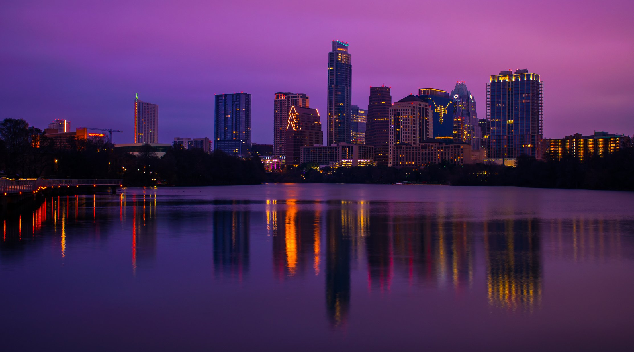 Close up Mirror Image Pink Austin Skyline Reflections Town Lake